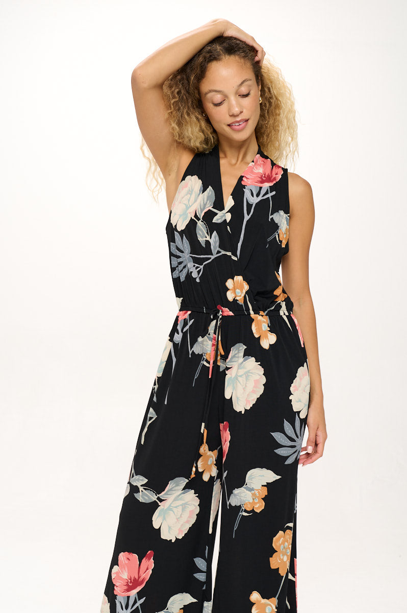 Image of West K Jillian Sleeveless Jumpsuit Black Yellow Floral