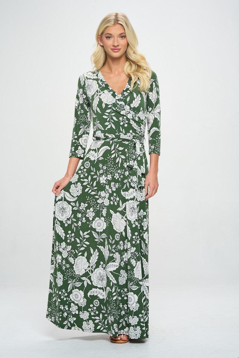 Image of West K Grace Faux - Wrap Maxi Dress with Tie Waist Green White Floral