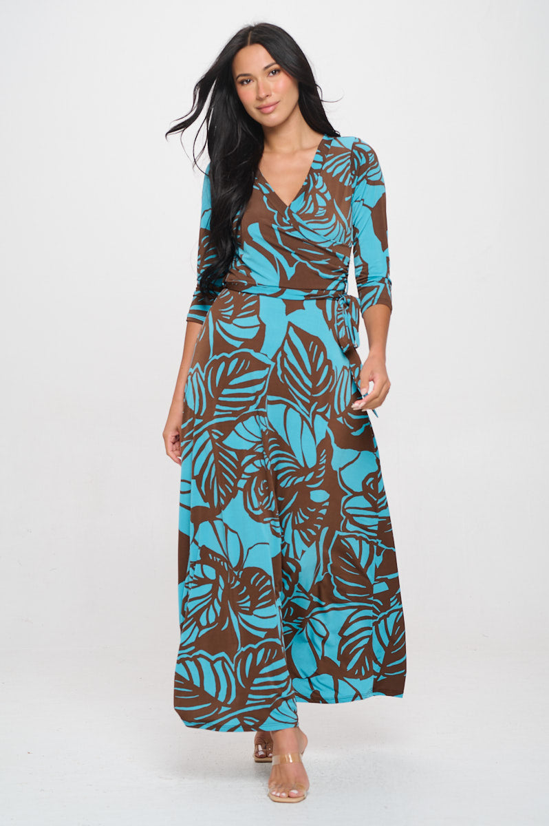 Image of West K Grace Faux - Wrap Maxi Dress with Tie Waist Teal Brown Geo