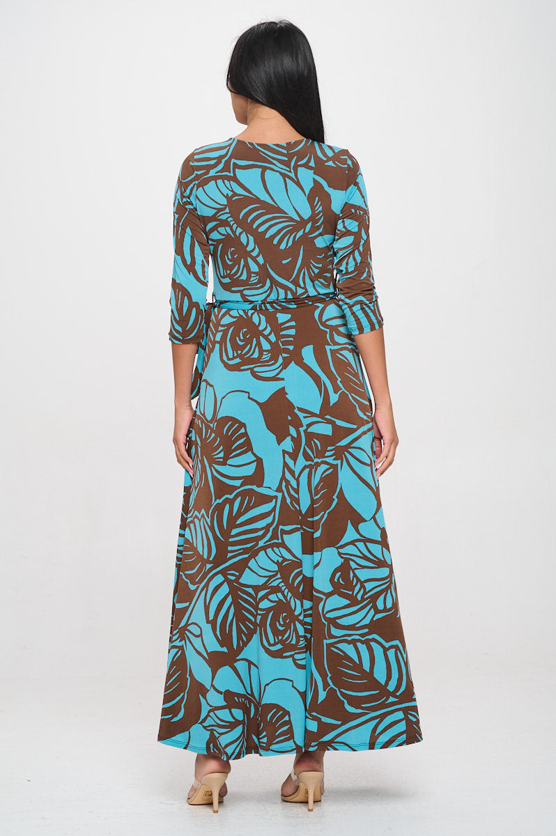 Image of West K Grace Faux - Wrap Maxi Dress with Tie Waist Teal Brown Geo