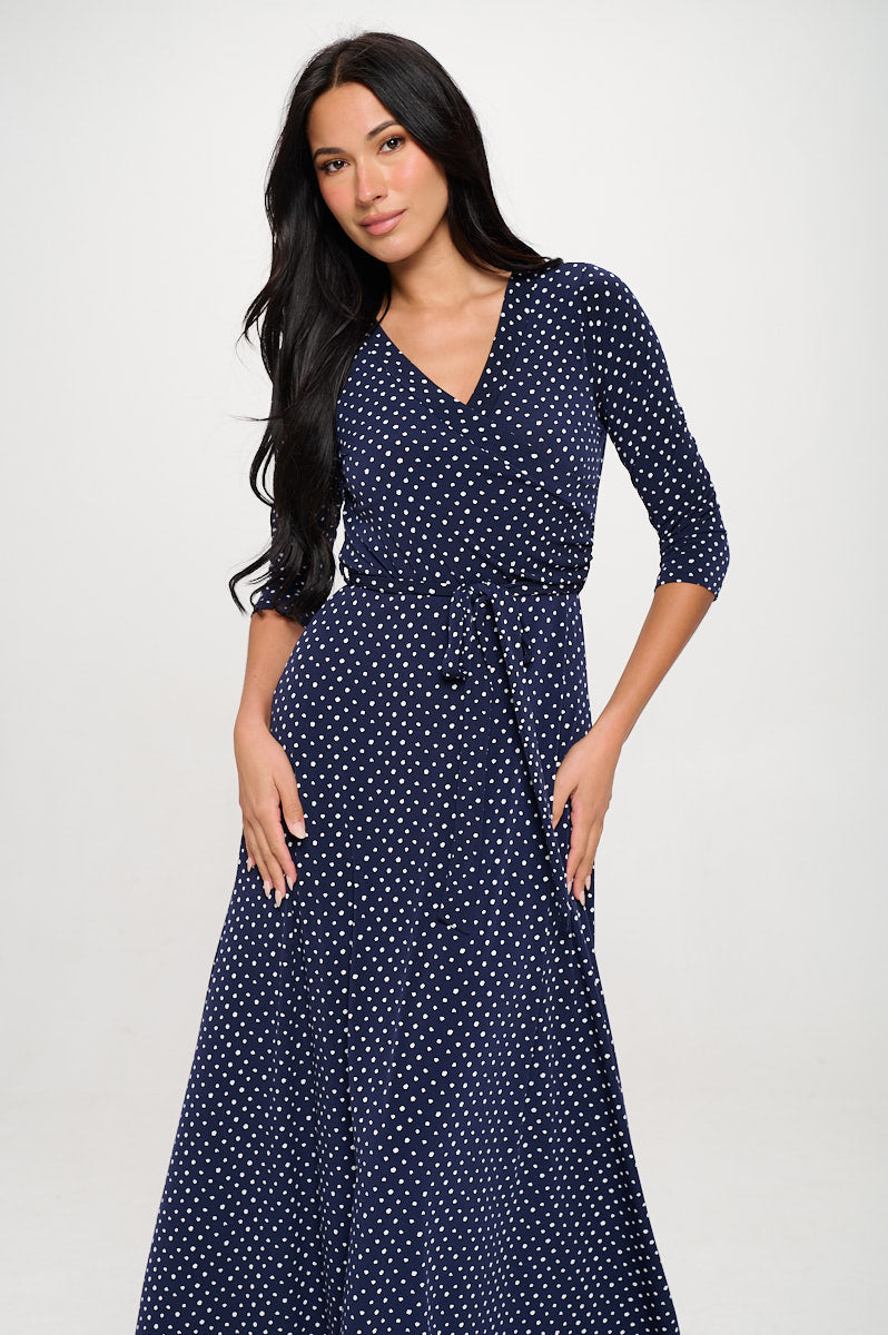 Image of West K Grace Faux - Wrap Maxi Dress with Tie Waist Navy White Dots