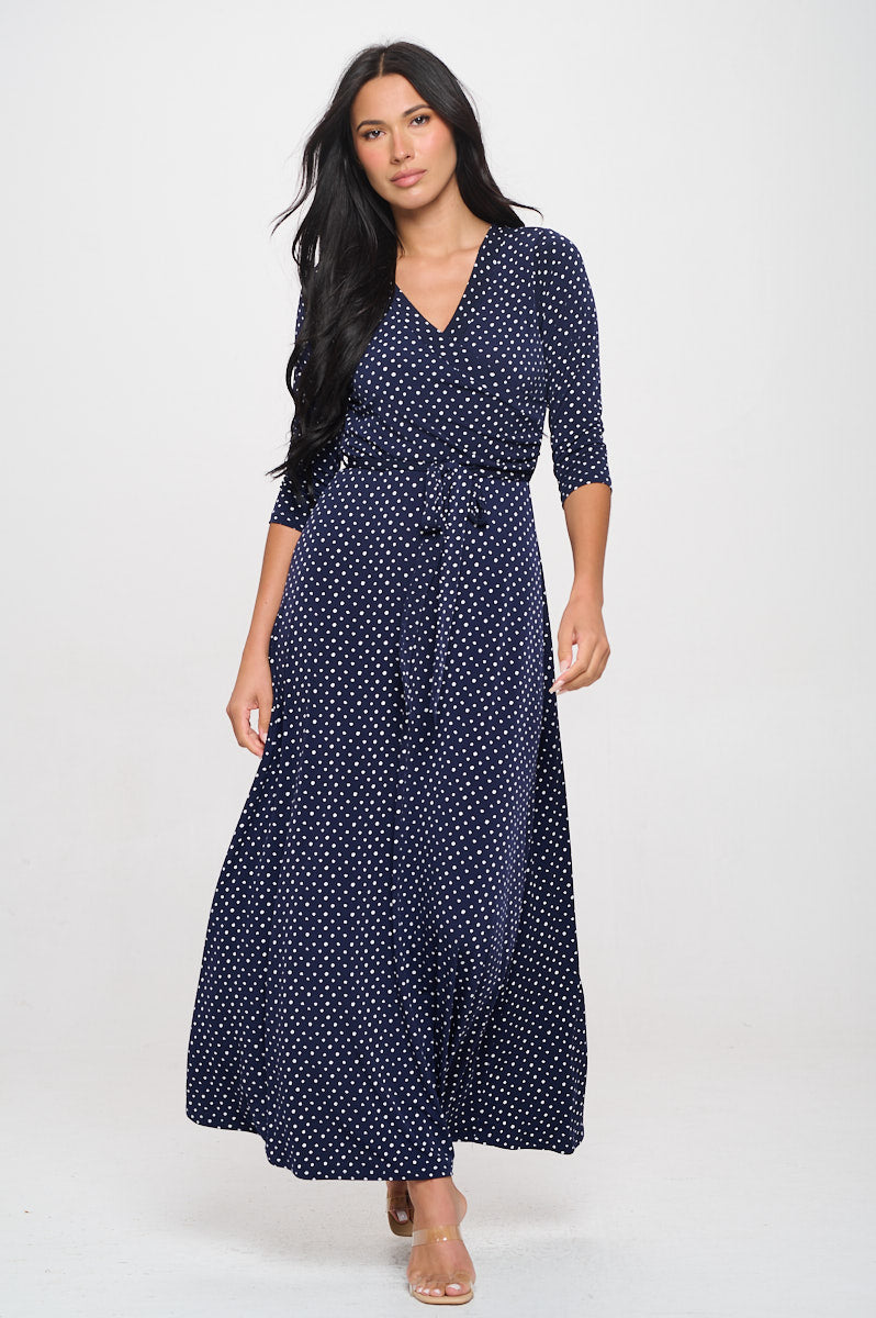 Image of West K Grace Faux - Wrap Maxi Dress with Tie Waist Navy White Dots