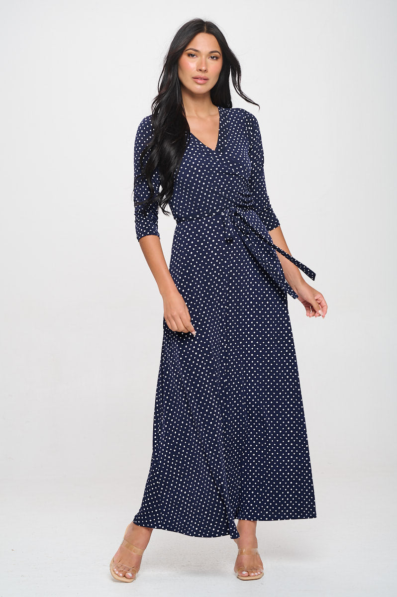 Image of West K Grace Faux - Wrap Maxi Dress with Tie Waist Navy White Dots