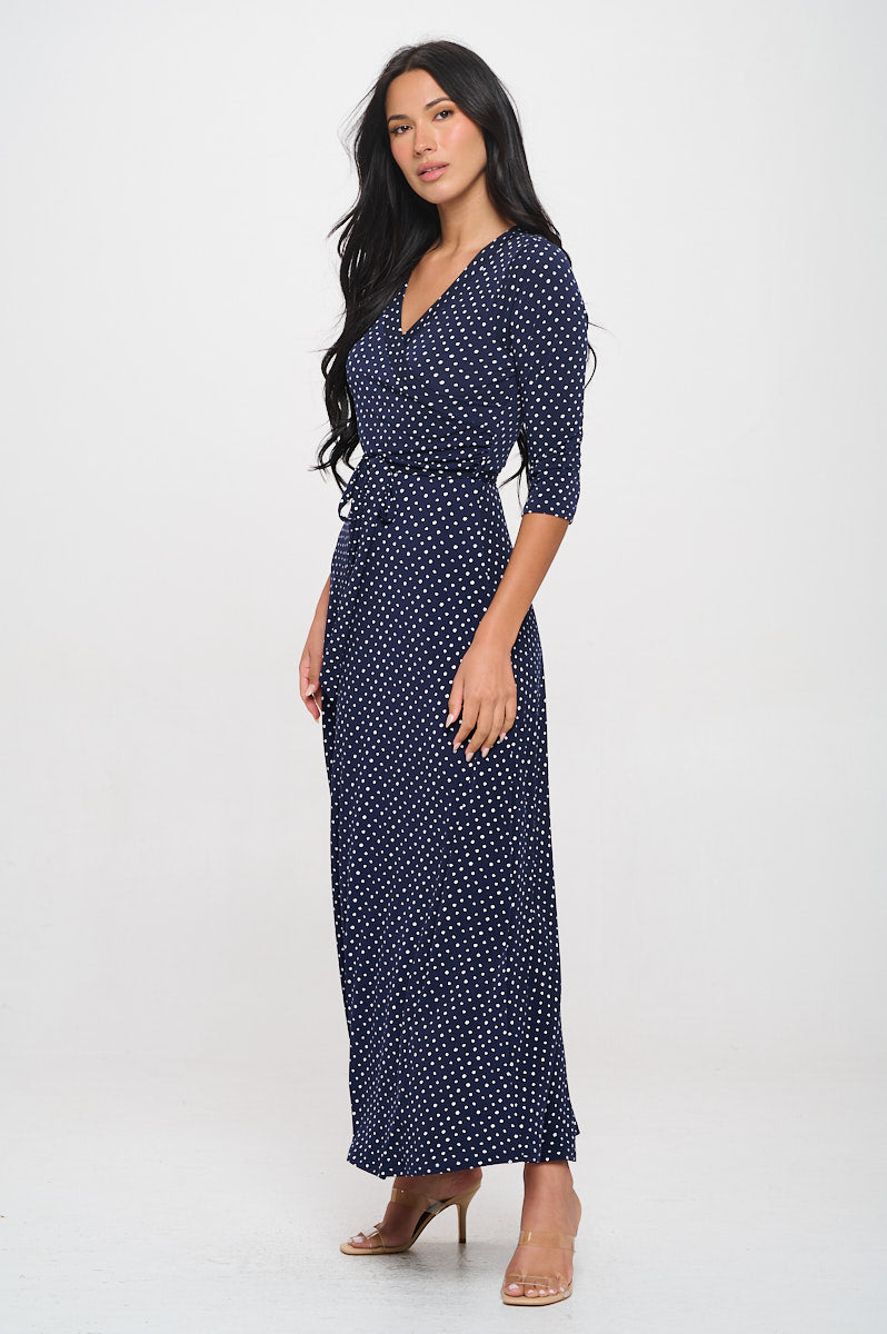 Image of West K Grace Faux - Wrap Maxi Dress with Tie Waist Navy White Dots