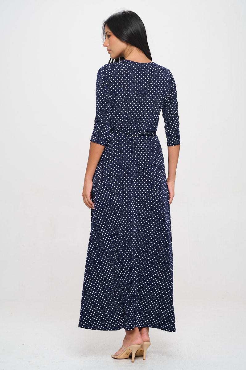 Image of West K Grace Faux - Wrap Maxi Dress with Tie Waist Navy White Dots