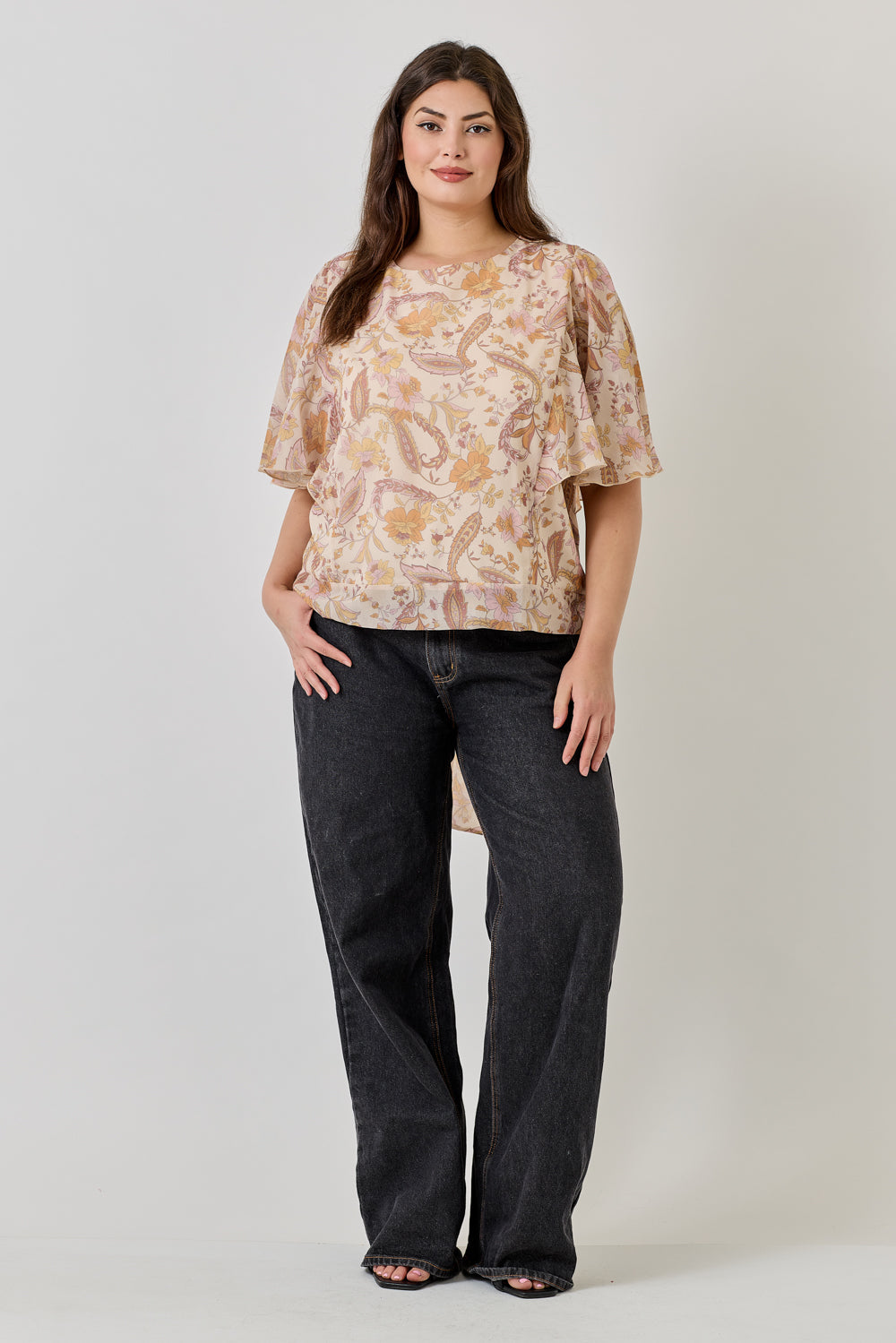 Noemi Plus Size Chiffon Tie Back Blouse with Flutter Sleeve