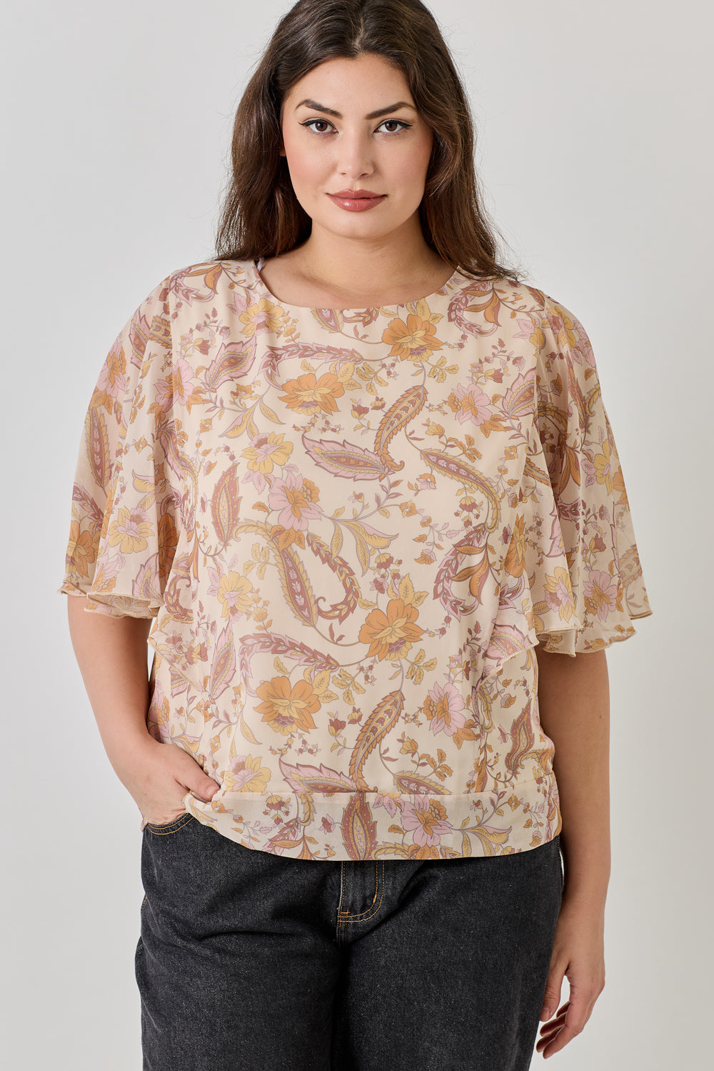 Noemi Plus Size Chiffon Tie Back Blouse with Flutter Sleeve