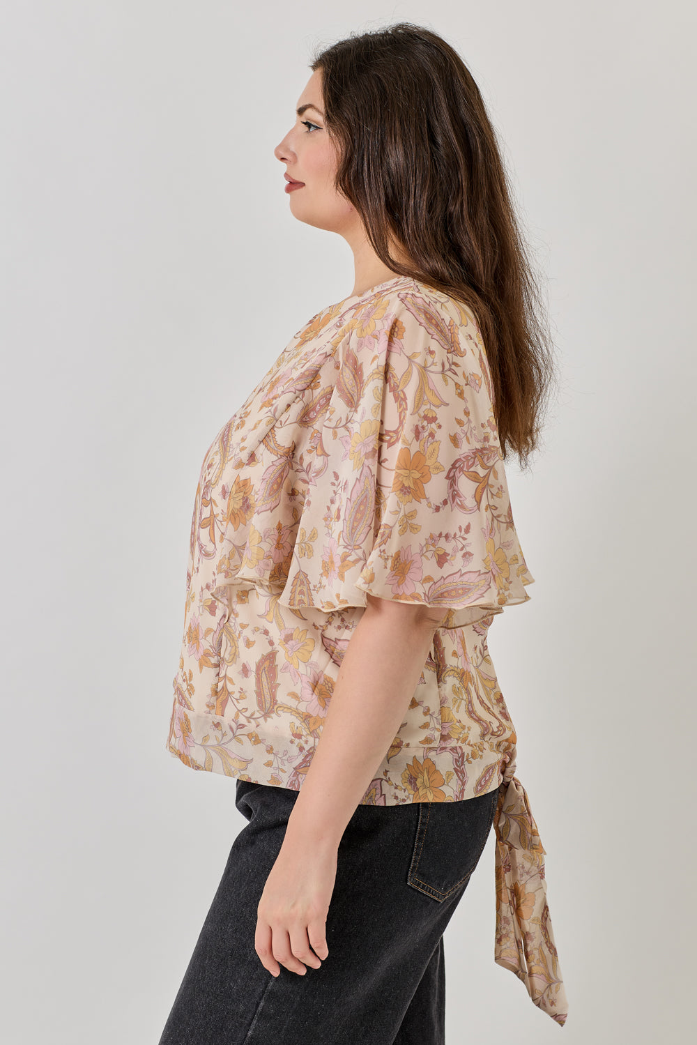 Noemi Plus Size Chiffon Tie Back Blouse with Flutter Sleeve