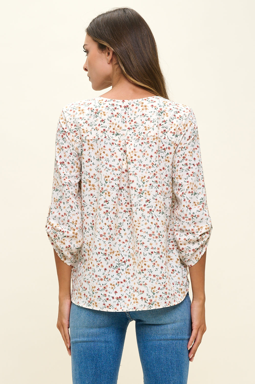Alexa Three Quarter Sleeve Surplice Rolltab Blouse