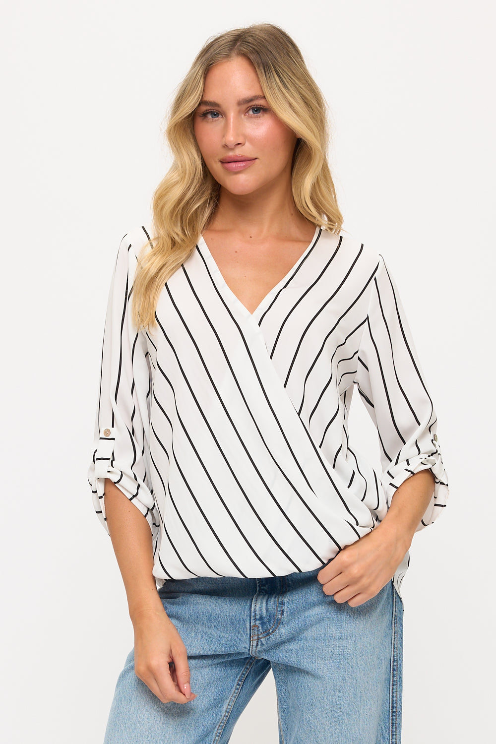 Alexa Three Quarter Sleeve Surplice Rolltab Blouse