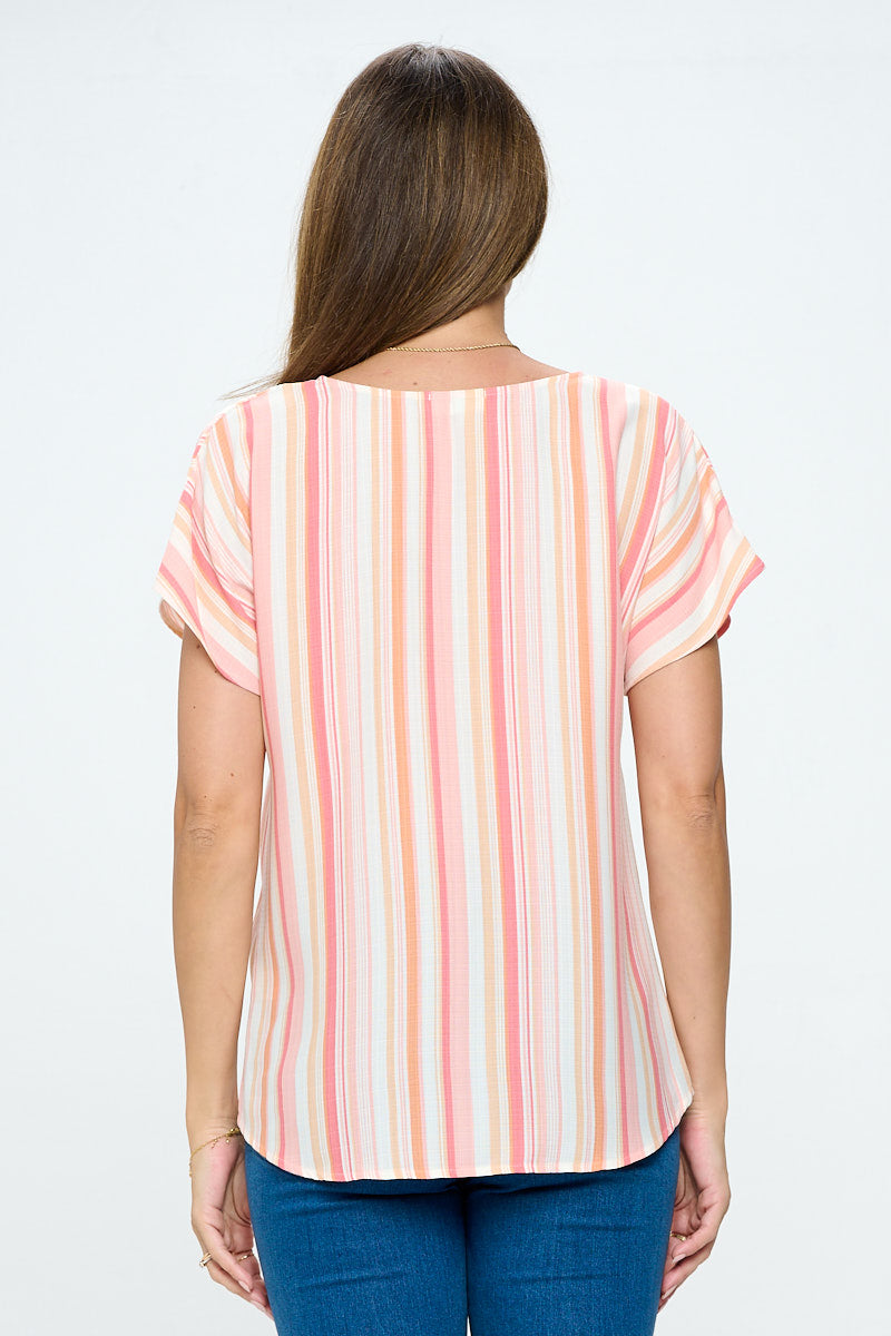Image of West K Leah Short Sleeve Woven Top Pink White Stripe