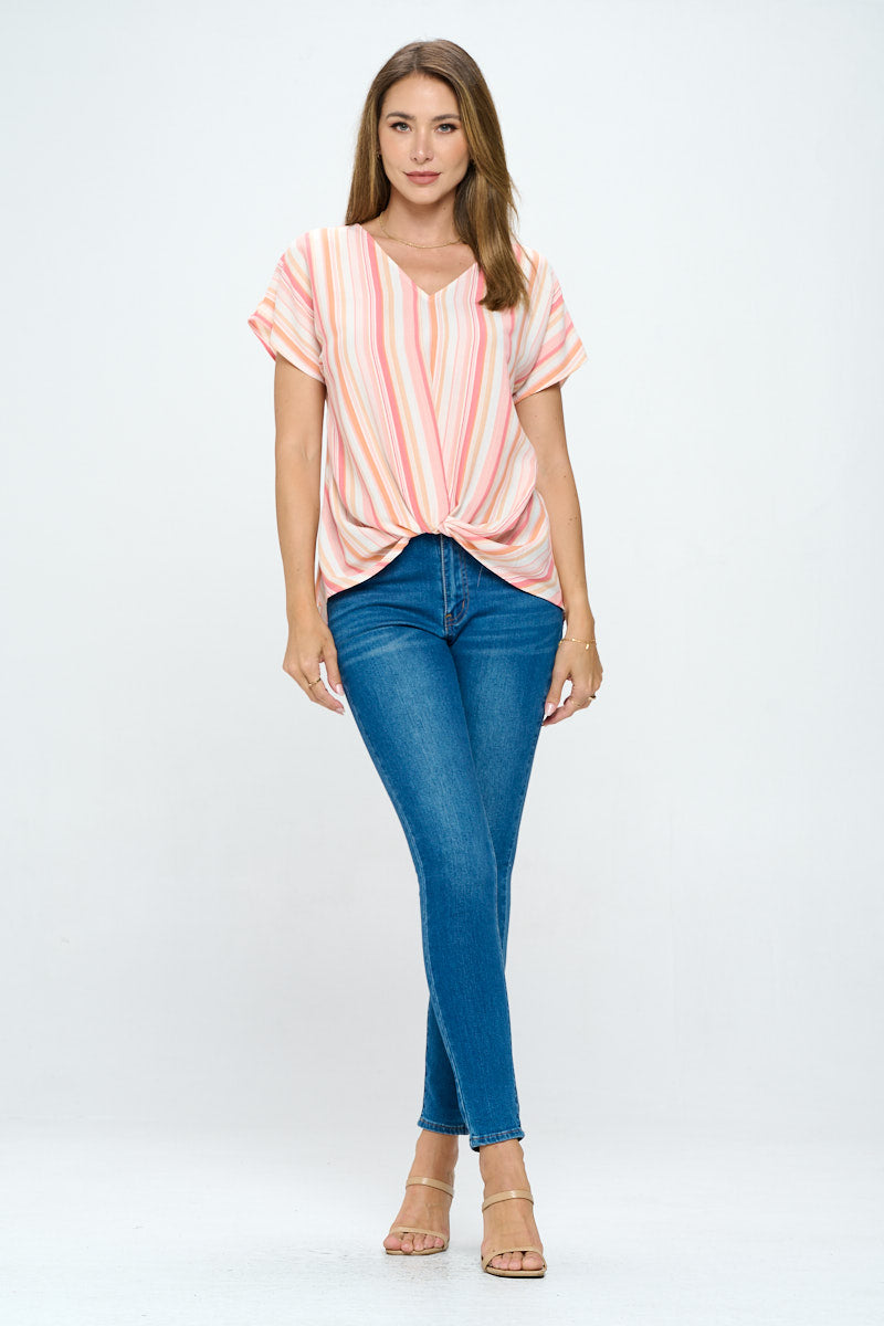 Image of West K Leah Short Sleeve Woven Top Pink White Stripe