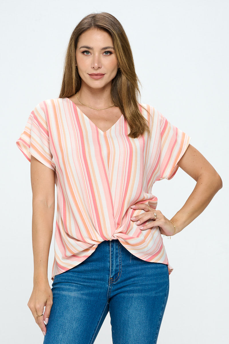 Image of West K Leah Short Sleeve Woven Top Pink White Stripe
