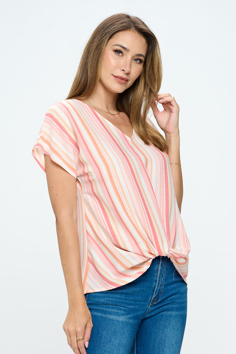 Image of West K Leah Short Sleeve Woven Top Pink White Stripe