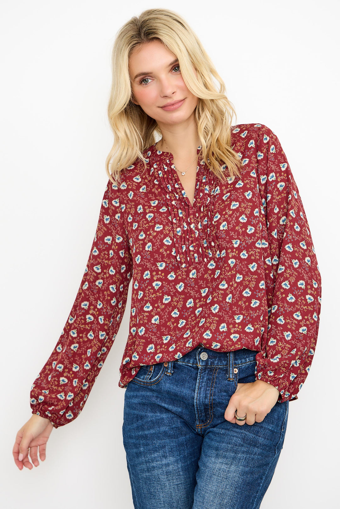 Starling Pintuck Split Neck Blouse