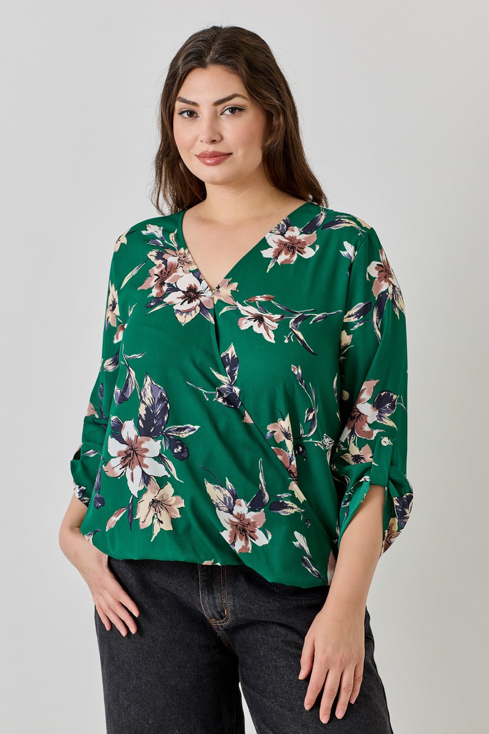 Image of West K Alexa Plus Size Surplice V - Neck Rolltab Blouse Green White Floral