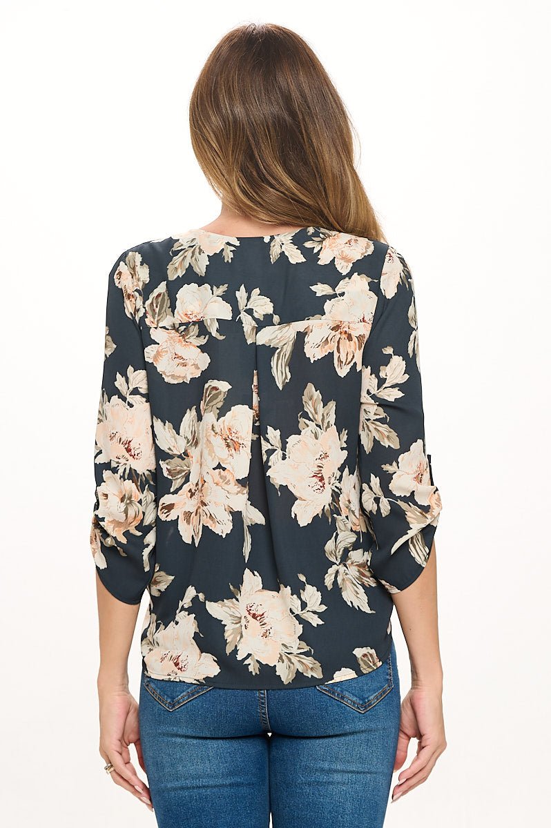 Image of West K Alexa Surplice Roll Tab Blouse Grey Floral