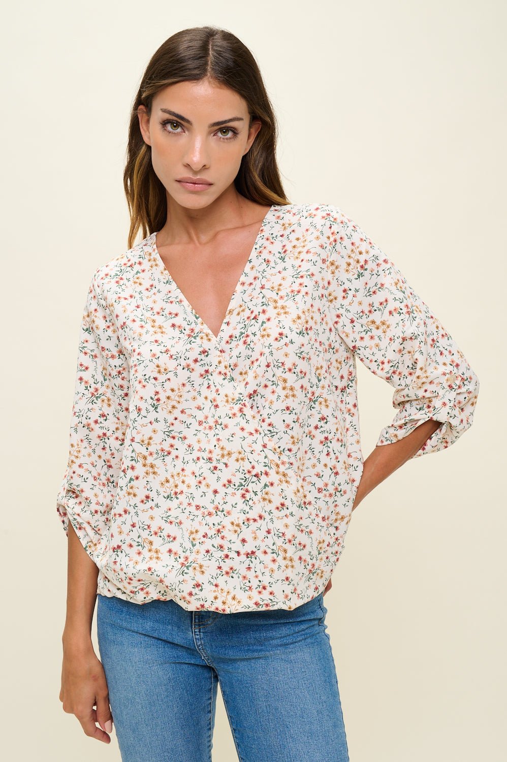 Image of West K Alexa Three Quarter Sleeve Surplice Roll Tab Blouse Ivory Ditzy Multi