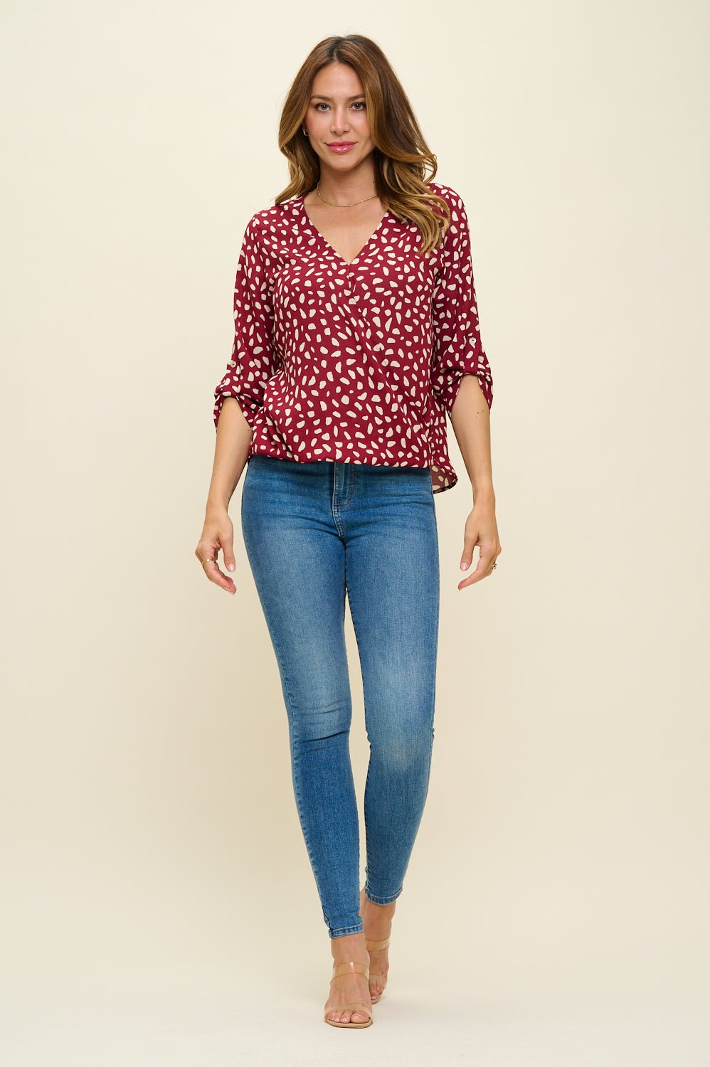 Image of West K Alexa Three Quarter Sleeve Surplice Roll Tab Blouse Red Dot