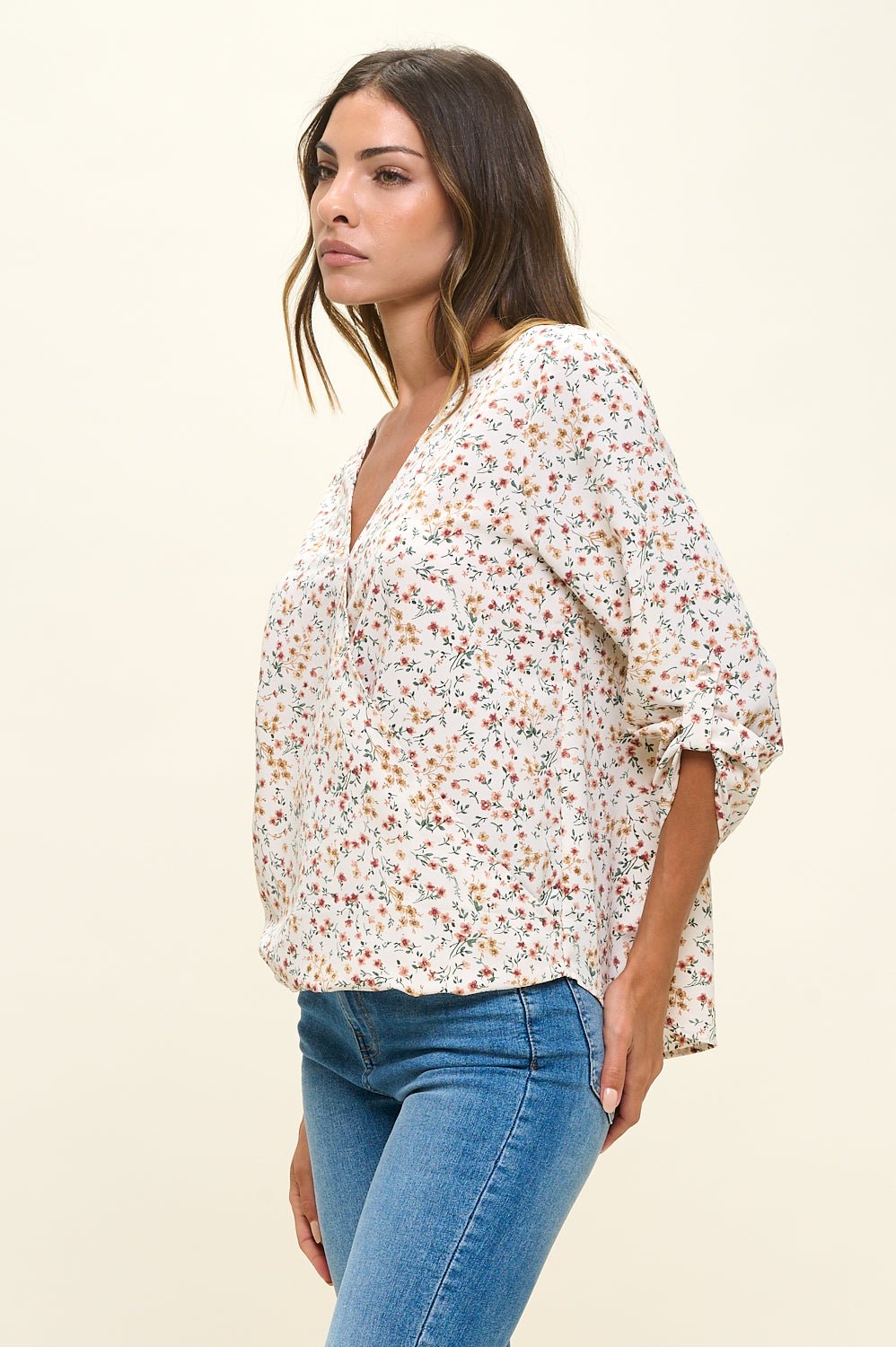 Image of West K Alexa Three Quarter Sleeve Surplice Roll Tab Blouse Red Dot
