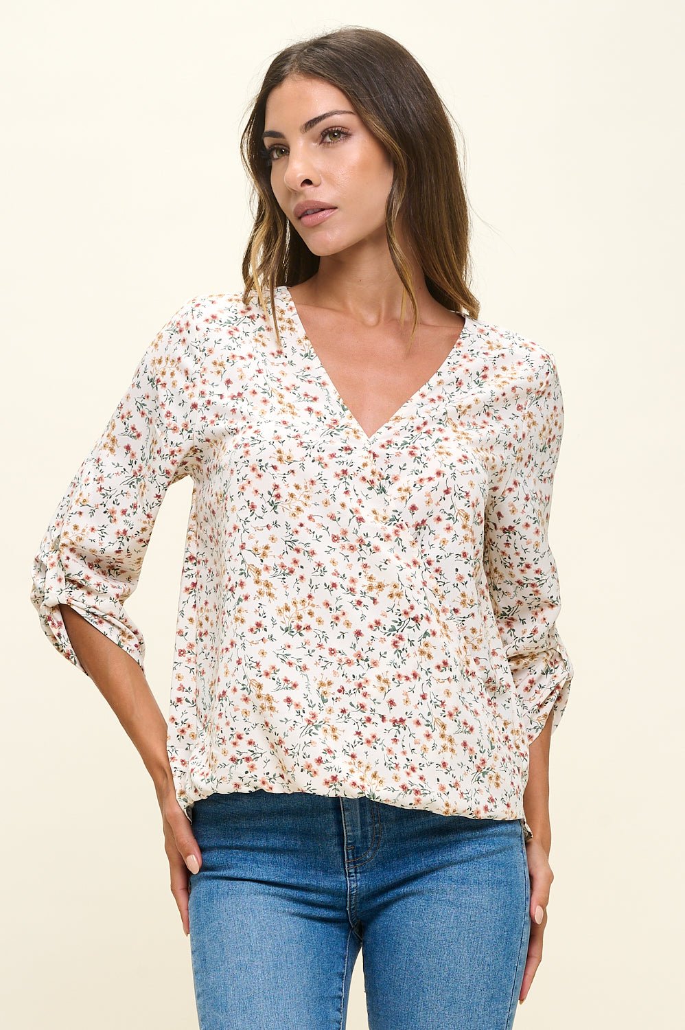 Image of West K Alexa Three Quarter Sleeve Surplice Roll Tab Blouse Red Dot