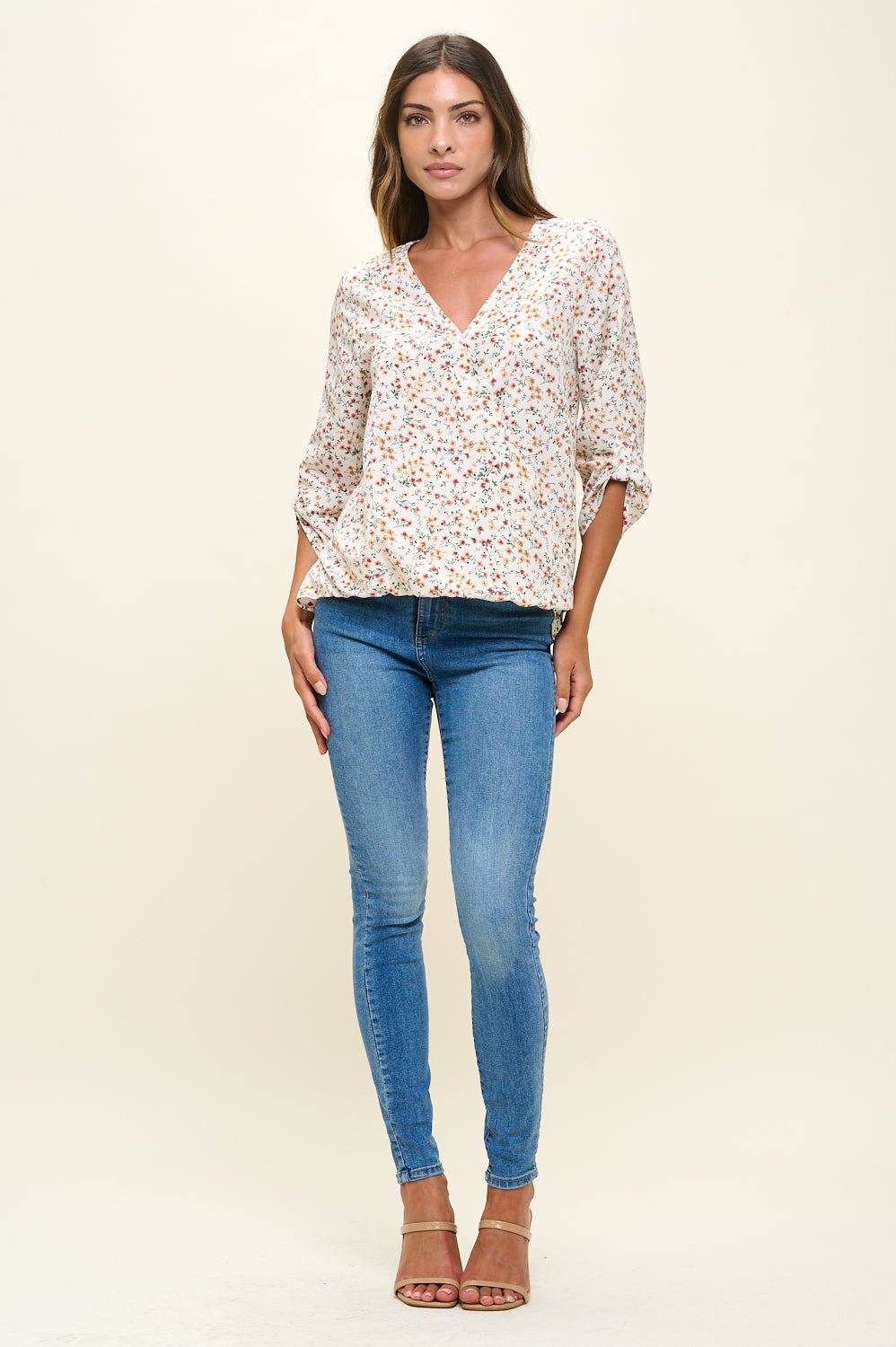 Image of West K Alexa Three Quarter Sleeve Surplice Roll Tab Blouse Red Dot