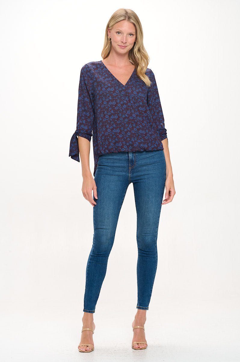 Image of West K Alexa Tie Sleeve Surplice Blouse Navy Wine Floral