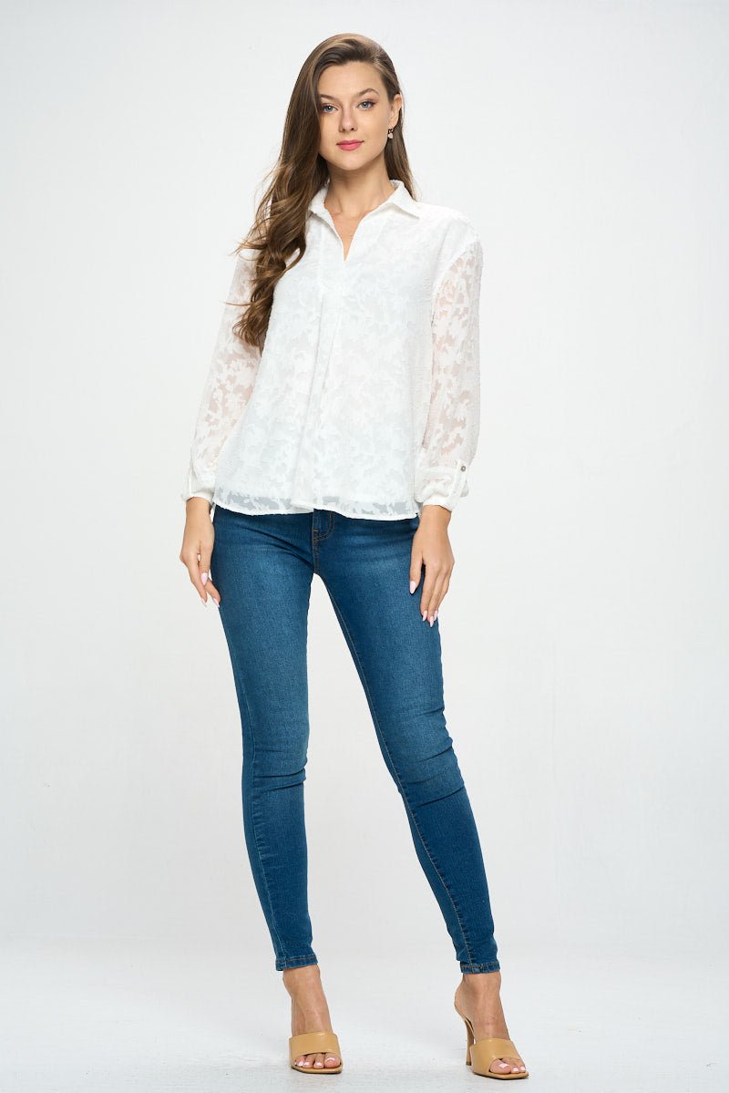 Image of West K Alison Roll - Tab Sleeve Collared Lace Blouse White
