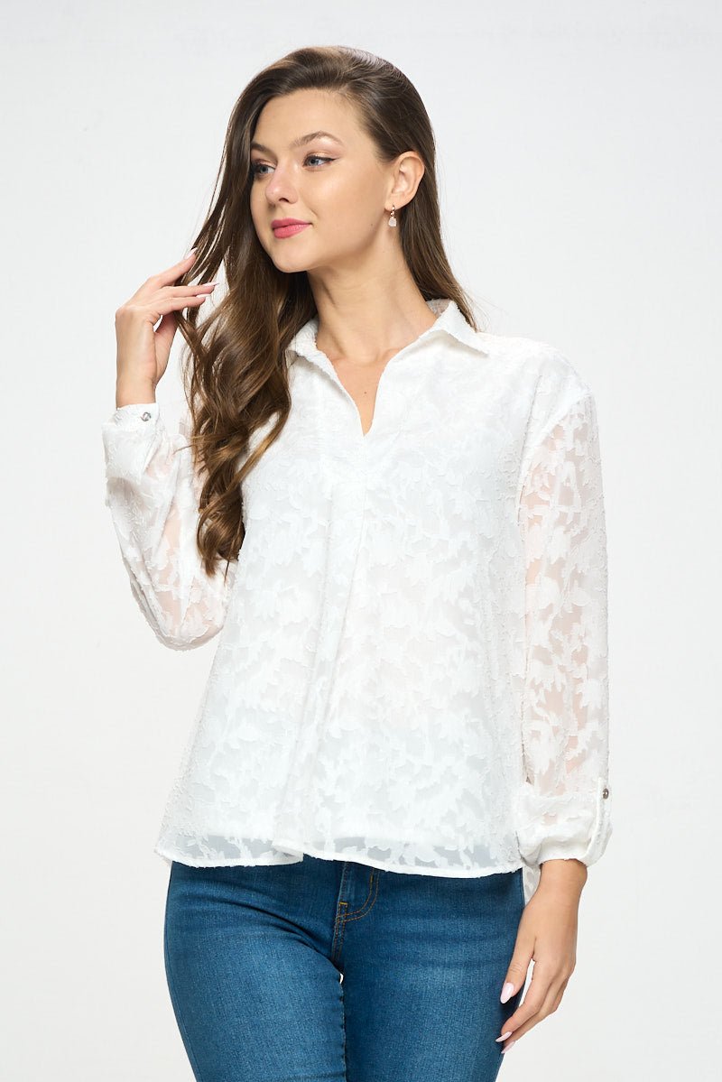 Image of West K Alison Roll - Tab Sleeve Collared Lace Blouse White
