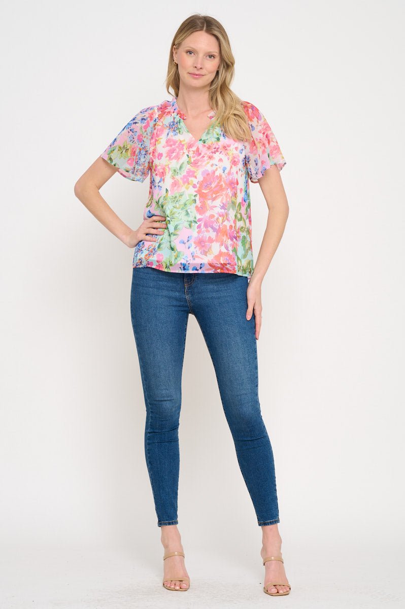 Image of West K Amara Flutter Sleeve V Neck Floral Printed Top Floral Multi