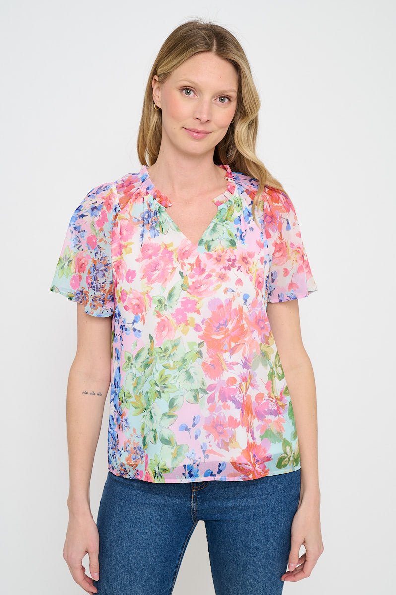 Image of West K Amara Flutter Sleeve V Neck Floral Printed Top Floral Multi