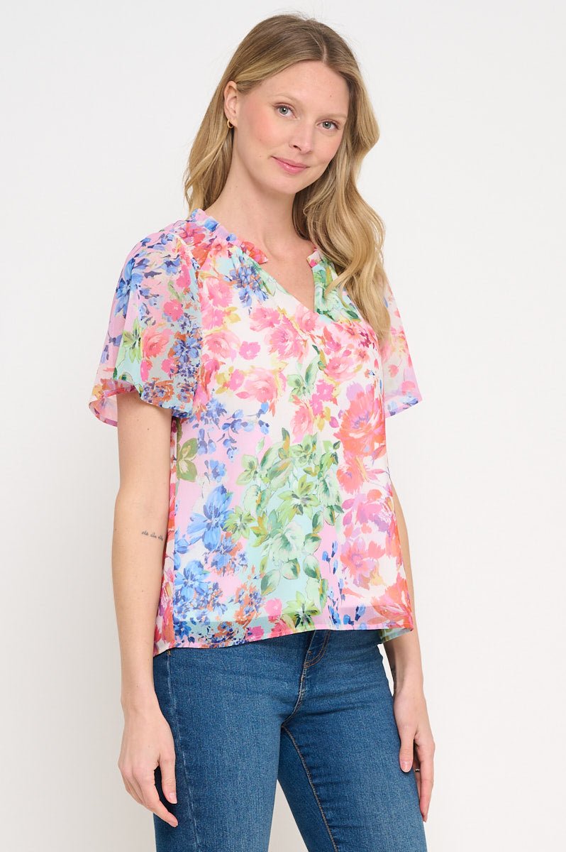 Image of West K Amara Flutter Sleeve V Neck Floral Printed Top Floral Multi