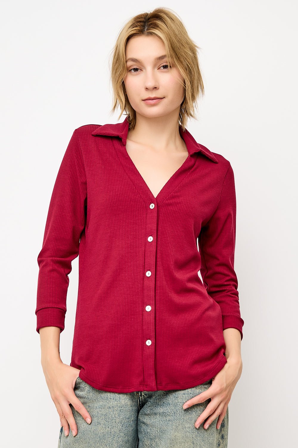 Image of West K Amaya Rib Knit Button Down Collar Top Burgundy