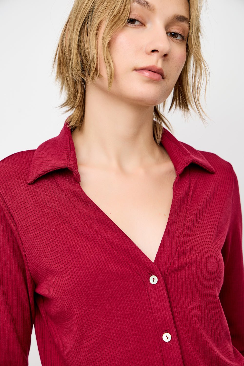 Image of West K Amaya Rib Knit Button Down Collar Top Burgundy