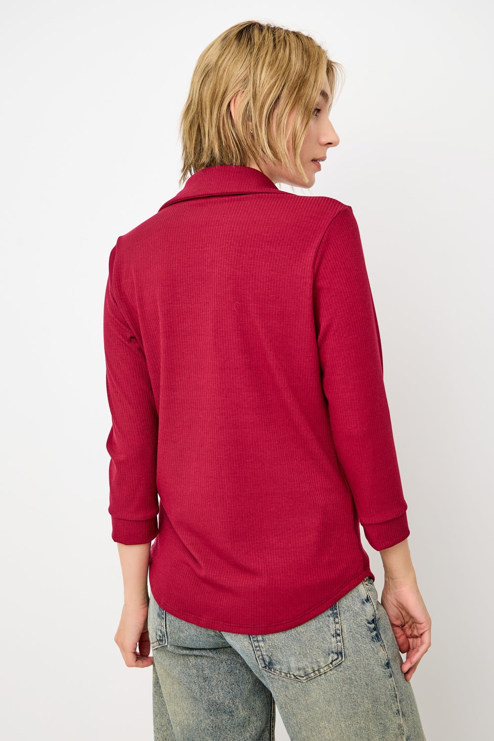 Image of West K Amaya Rib Knit Button Down Collar Top Burgundy