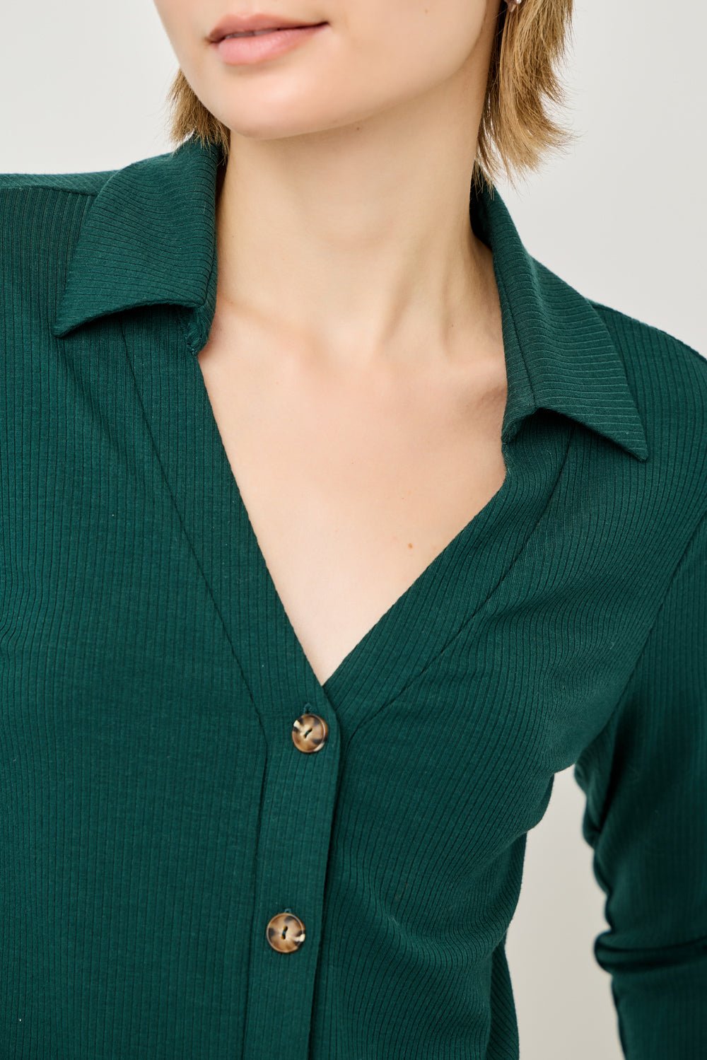 Image of West K Amaya Rib Knit Button Down Collar Top Hunter Green