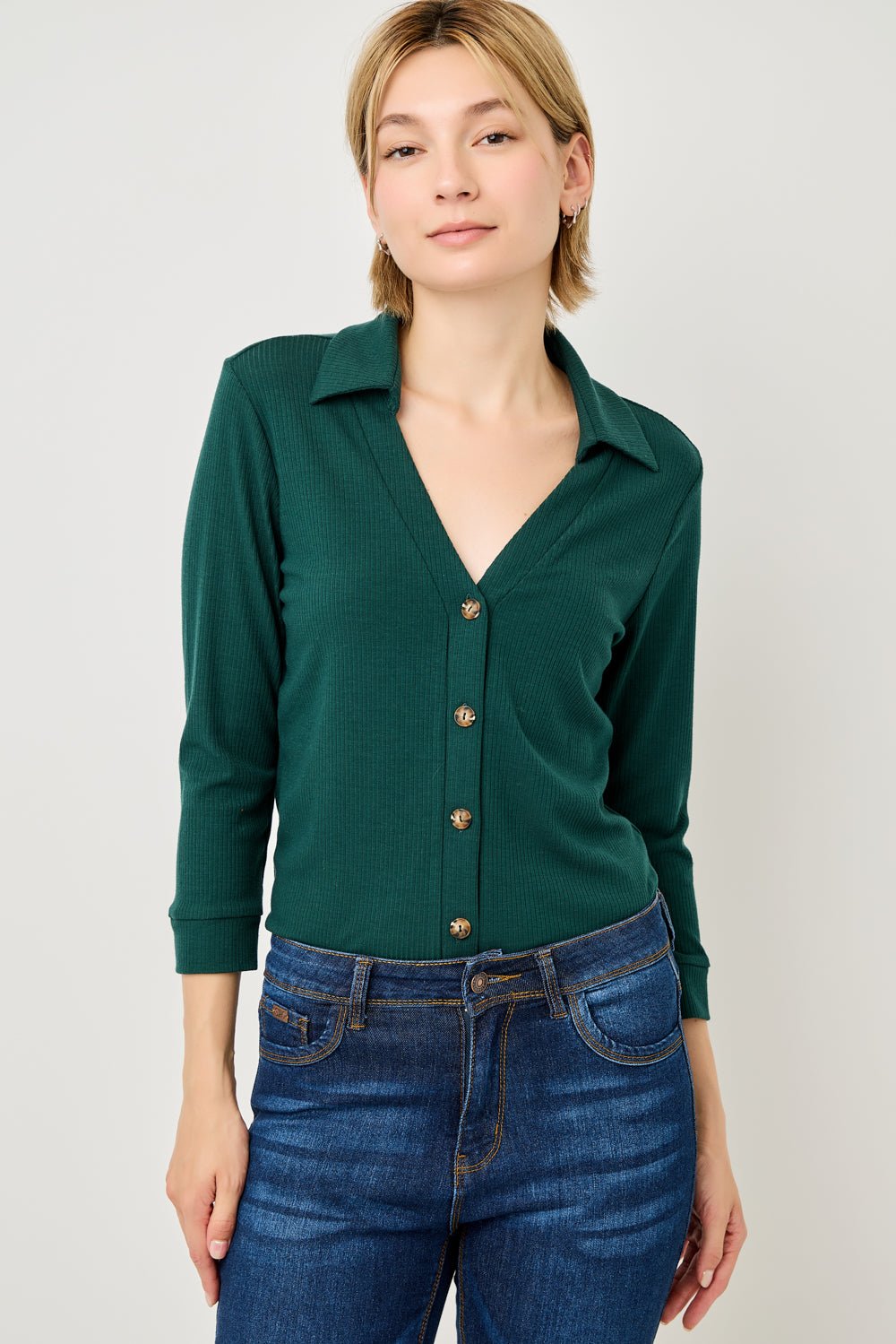 Image of West K Amaya Rib Knit Button Down Collar Top Hunter Green