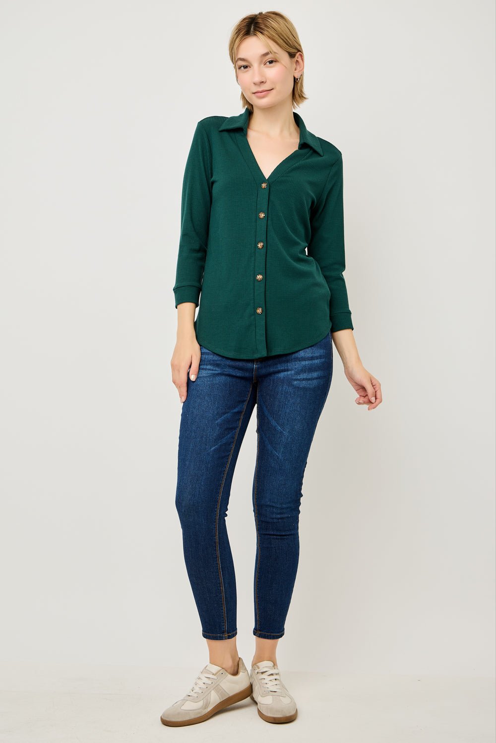 Image of West K Amaya Rib Knit Button Down Collar Top Hunter Green