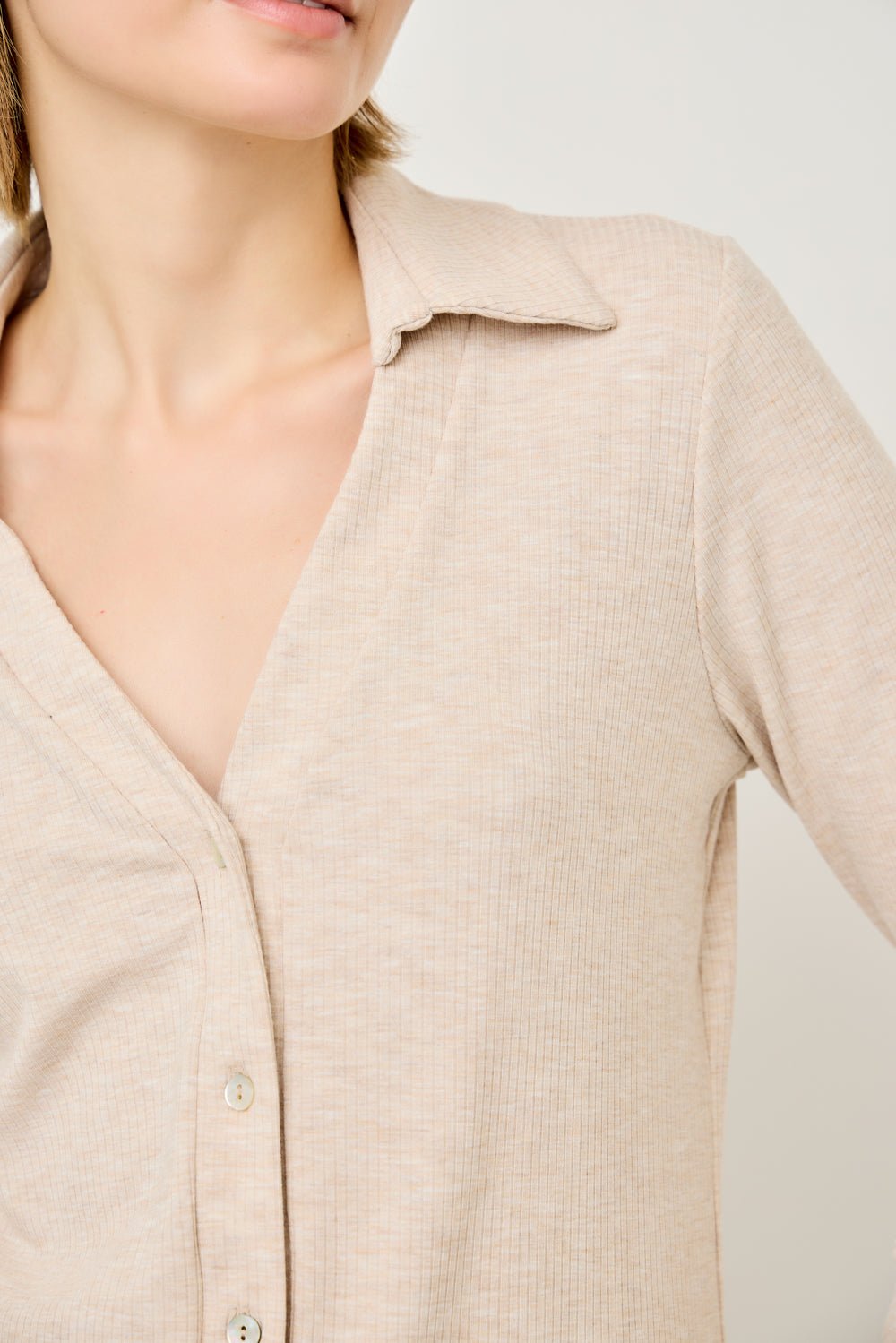 Image of West K Amaya Rib Knit Button Down Collar Top Tan