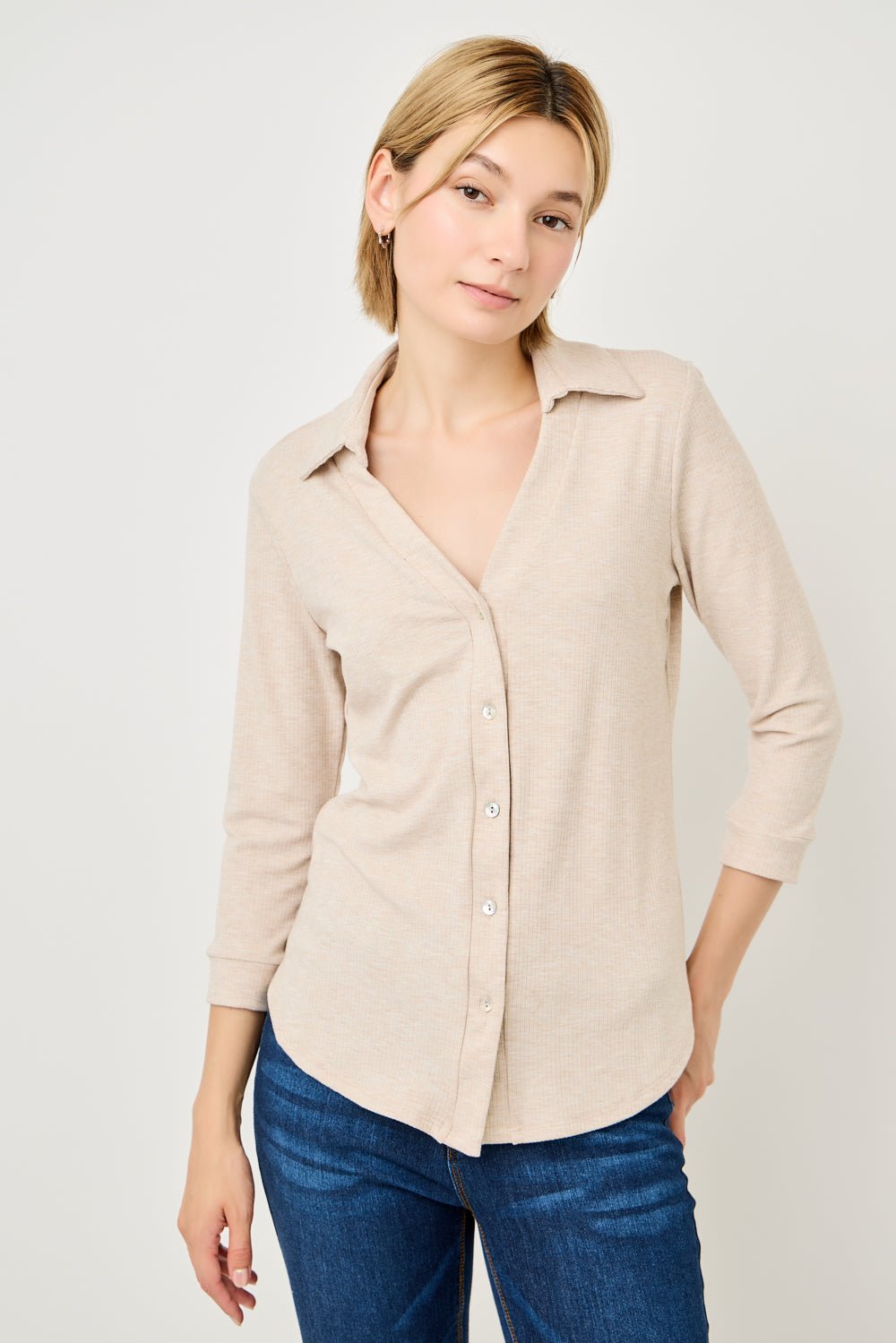 Image of West K Amaya Rib Knit Button Down Collar Top Tan