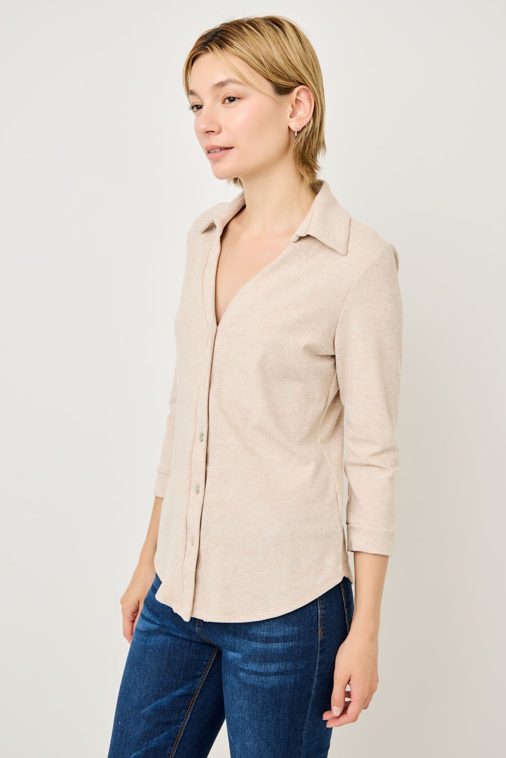 Image of West K Amaya Rib Knit Button Down Collar Top Tan