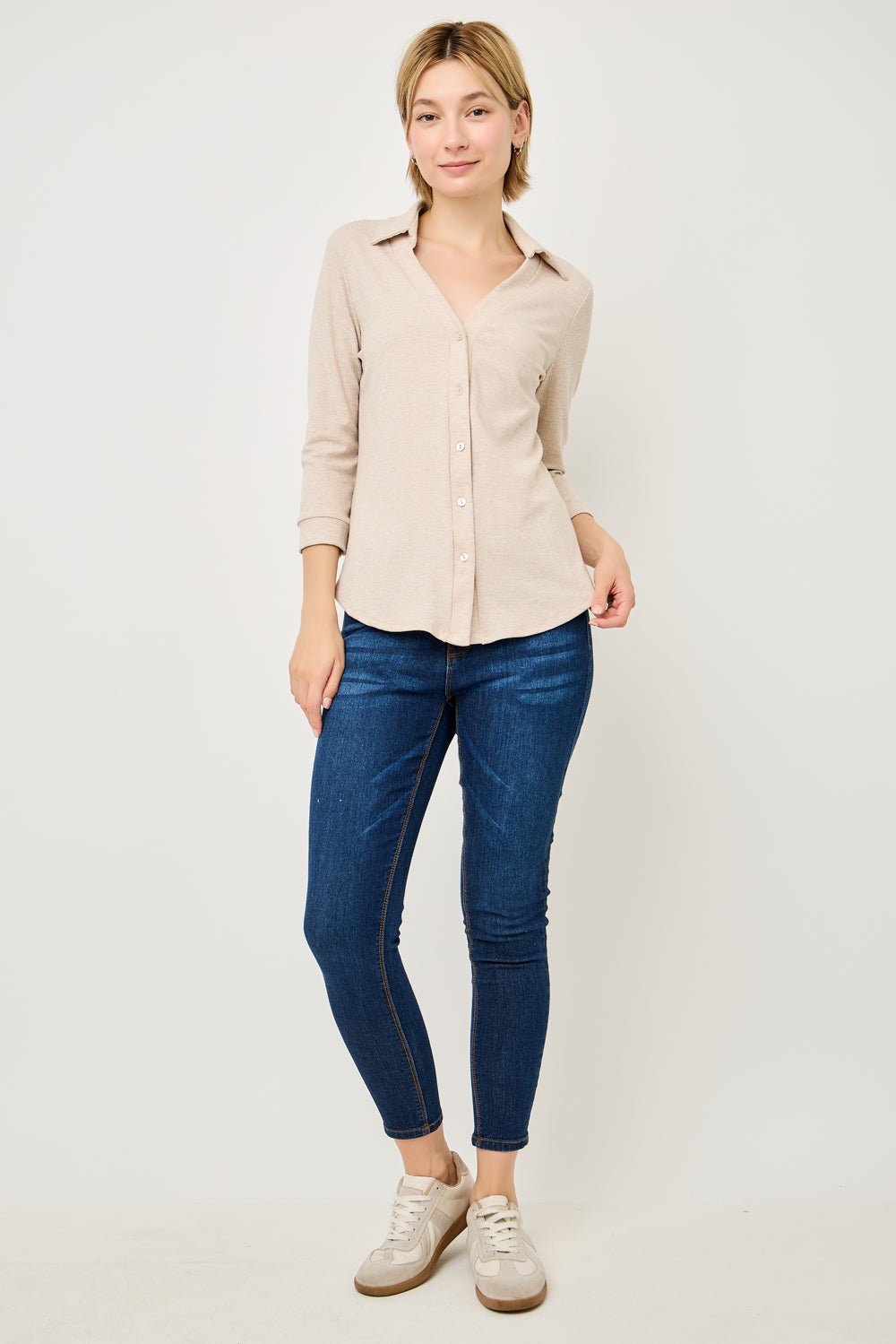 Image of West K Amaya Rib Knit Button Down Collar Top Tan