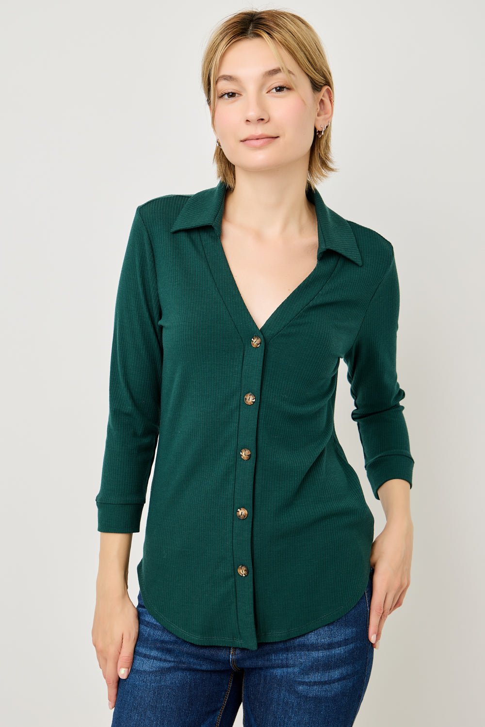 Image of West K Amaya Rib Knit Button Down Collar Top Tan