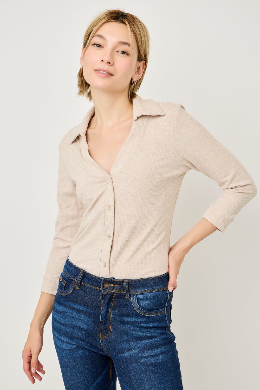 Image of West K Amaya Rib Knit Button Down Collar Top Tan