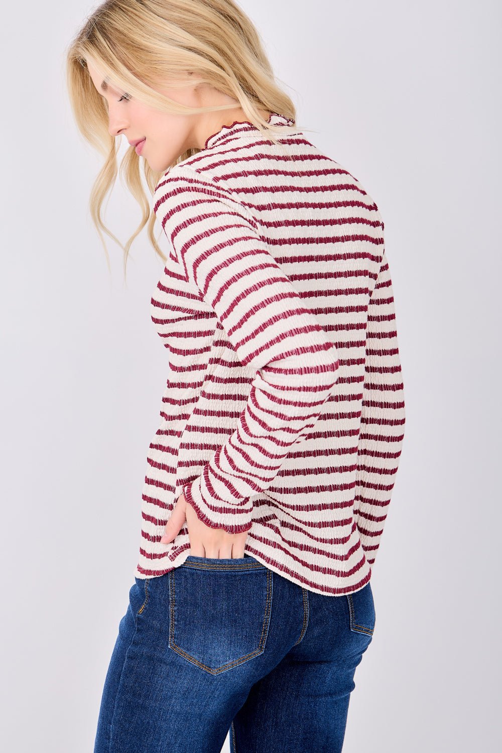 Image of West K Anaya Striped Ruffle Edge Top Beige Wine Stripe