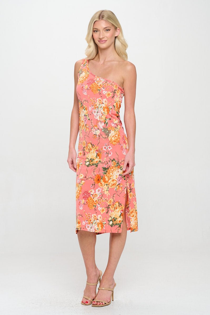 Image of West K Angela One shoulder BodyCon Midi Dress with Side Slits Orange Floral