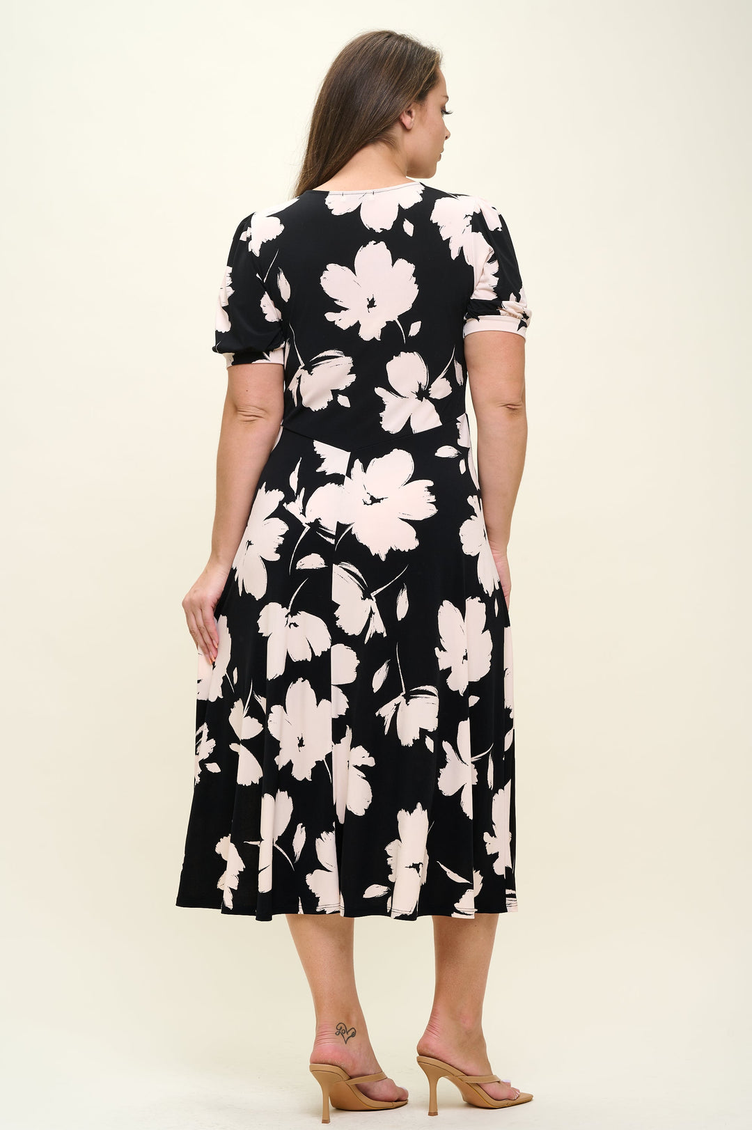 Image of West K Anita Plus Size Short Sleeve V - Neck Midi Dress Black Tan Floral