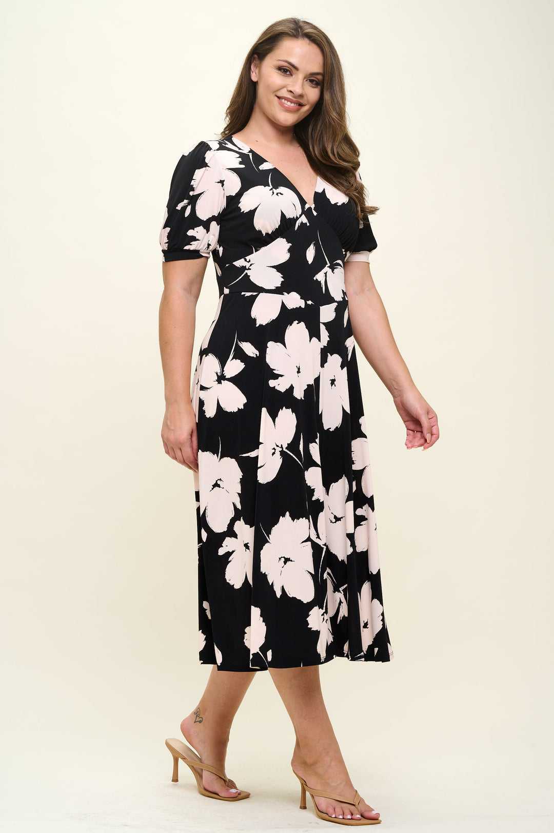 Image of West K Anita Plus Size Short Sleeve V - Neck Midi Dress Black Tan Floral