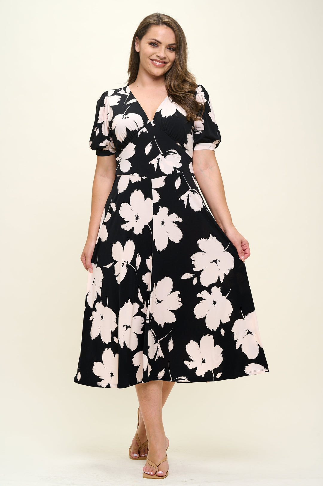 Image of West K Anita Plus Size Short Sleeve V - Neck Midi Dress Black Tan Floral