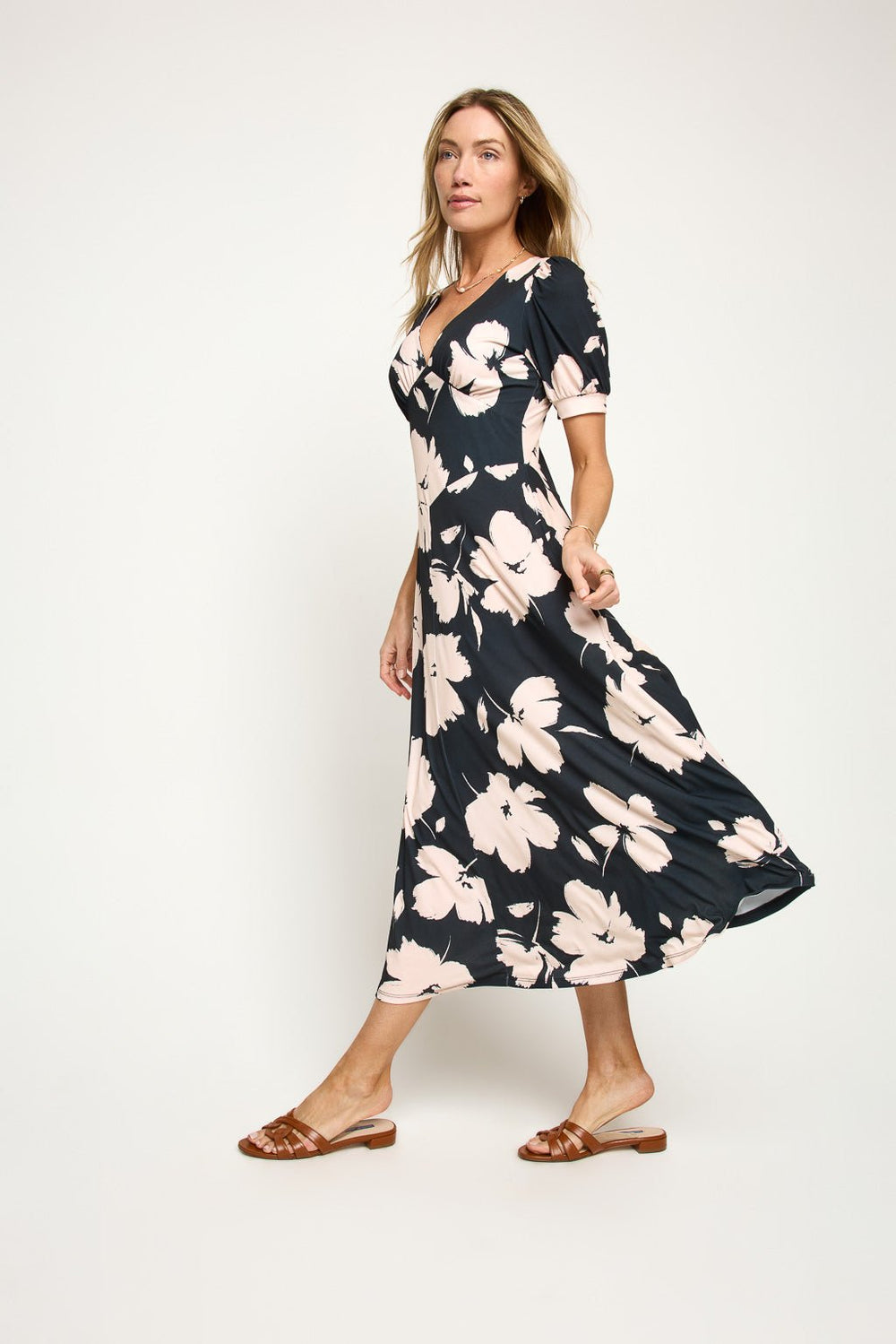 Image of West K Anita Short Sleeve V - Neck Midi Dress Black Tan Floral